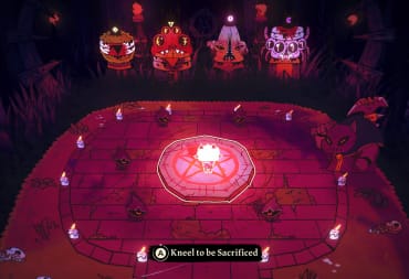 Cult of the Lamb Screenshot in-game of the Lamb kneeling before the four Heretics to be sacrificed in a ring covered by a pentagram, crying and awaiting his assumed fate.