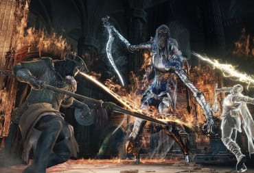 The player and a summoned spirit battling the Dancer of the Boreal Valley boss, maybe even on the Dark Souls 3 PC servers