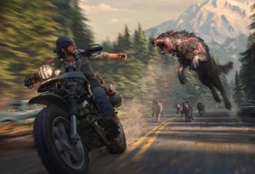 Days Gone in game screenshot of main character, Deacon St. John shooting his gun at rabid bloodthirsty wolves mid air as he rides his beloved motorcycle down the tree-lined highway