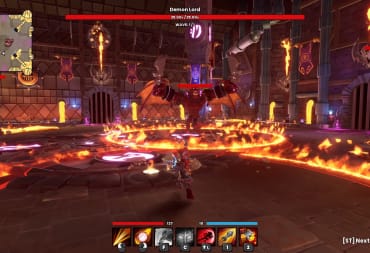Dungeon Defenders Going Rogue update image showing a boss within the game who is drenched in flame as a player attacks them on the battlefield 