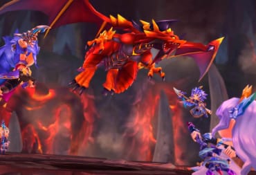 Four warriors in Dragalia Lost facing off against a giant dragon in a volcano
