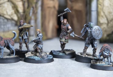 Promotional artwork featuring miniatures of the members of the Dawnguard, weapons at the ready
