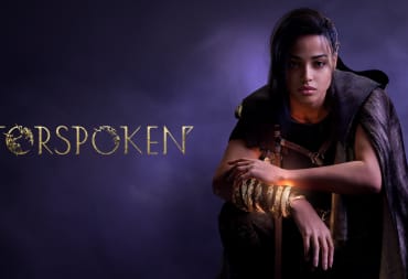 Forspoken gameplay trailer header, showing Frey, the main character looking at the camera with a purple background and the words "Forspoken" in shiny gold letters to her left. 