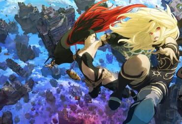 Gravity Rush Gameplay Screenshot, of main character with blonde hair and other character with black and red hair falling into a twisting nether abyss below a vast amount of sky cities. The main character outstretches her hand towards the camera as if asking you to grasp it to save her life. 