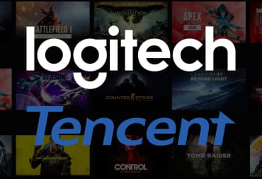 The Logitech and Tencent logos overlaid on a background of Nvidia Geforce Now games, which the Logitech Tencent cloud gaming handheld will support