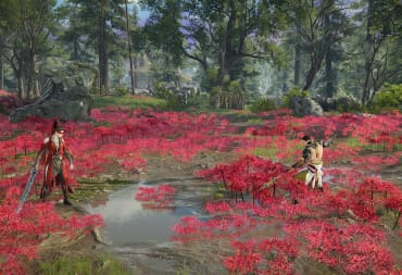Two characters facing off in a flowery field in Naraka: Bladepoint