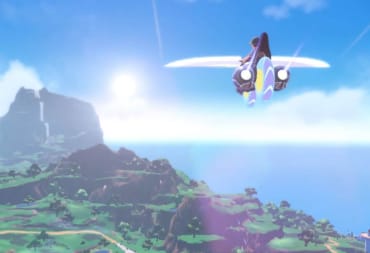 The player riding Miraidon through the skies of Paldea in Pokemon Scarlet and Violet