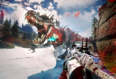 A Second Extinction screenshot showing an angry red T-Rex and a character holding a white gun with blood on it.