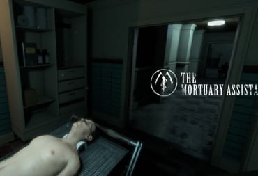A cadaver lies on the embalming table with the logo and text for The Mortuary Assistant to the right of it. Just above the text is a black figure with red eyes, looking at the camera from down the hallway.