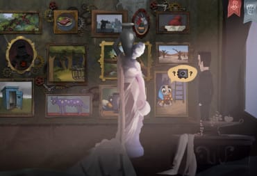 Whateverland Release Date, screenshot of gameplay with character standing in a dark room filled with pictures in frames
