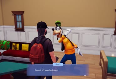 Goofy greeting the player inside of his house, Disney Dreamlight Valley Goofy Guide