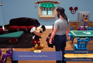 Disney Dreamlight Valley Mickey Mouse Guide, Mikcey talking to the player inside of his house about the night thorns 