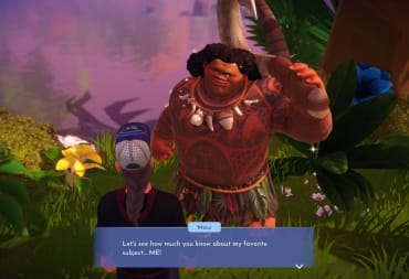 Screenshot of Maui in Disney Dreamlight Valley, where he quizzes you on his most favorite topic, himself, Disney Dreamlight Valley Maui Guide