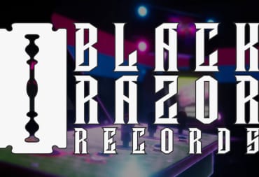 The Black Razor Records gaming music label logo overlaid on a background of an arcade machine from Arcade Paradise