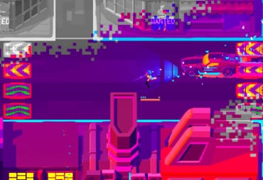 The main character running away from a car in a neon-drenched, colorful screenshot of Arto gameplay