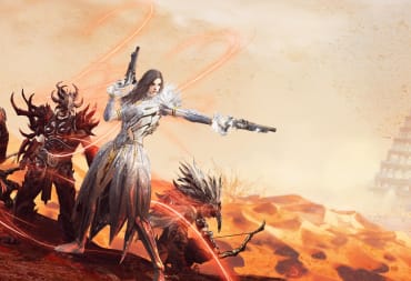 Key art depicting several characters in Babylon's Fall in a desert