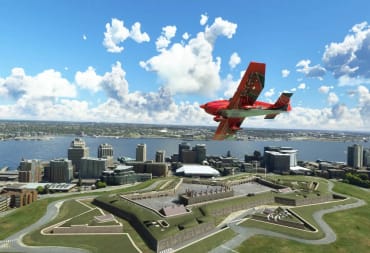Microsoft Flight Simulator Canada Update red plane flies around Canada.