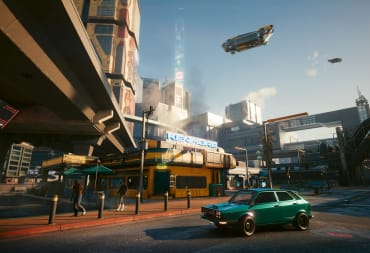 Cyberpunk 2077 image of the city with the flying car in the sky as well as people walking the streets during the day time, Cyberpunk 2077 Sales