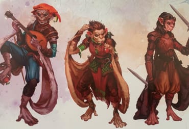 Promotional D&D Hadozee race artwork featuring three hadozee with instruments, potions, and weapons