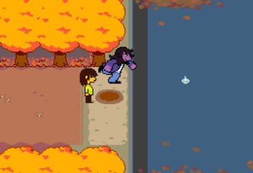 Kris and Susie skipping a rock across the water in Deltarune
