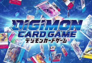 A splash image of the Digimon Card Game logo with a series of cards behind it