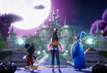Mickey Mouse, the player, and Merlin looking out over an ornate castle in Disney Dreamlight Valley
