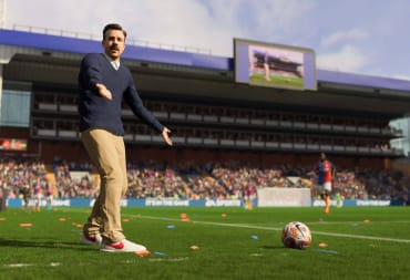 A man with a mustache (I'm sorry, FIFA fans, I don't know who he is) looks incredulous standing on the pitch in FIFA 23. Perhaps he's complaining about the FIFA 23 anticheat solution. 