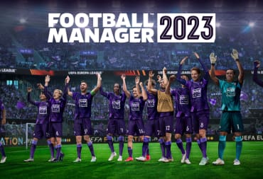 A team of players in purple kit celebrating in a stadium underneath the Football Manager 2023 logo