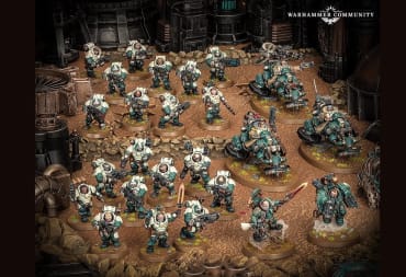 The full contents of the Warhammer 40K Leagues of Votann Army Box Set, showing multiple dwarf miniatures painted in green and white