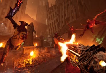 The player blasting at demons leaping towards them amid a ruined city in Metal: Hellsinger, denoting the Metal: Hellsinger Xbox Game Pass day one release