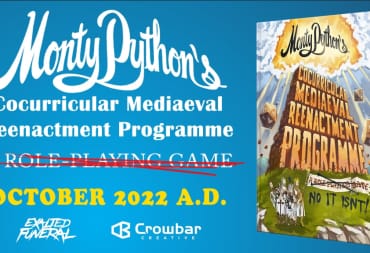 Promotional art of the Monty Python TTRPG featuring book cover art.