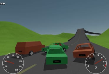 Four cars involved in a pile-on in the new Noclip game Stunt Derby