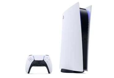 A front shot of the PS5 and its DualSense controller against a white background