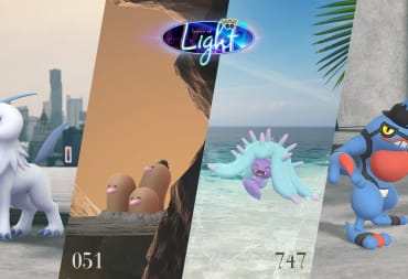 Absol, Dugtrio, Mareanie, and Toxicroak wearing fashionable items like hats and sunglasses in the Pokemon Go Fashion Week event