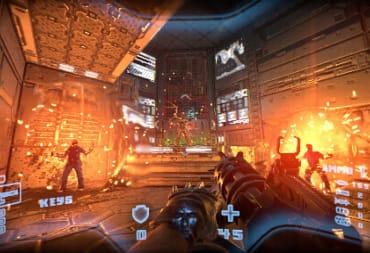 Prodeus gameplay screenshot of the player in a brightly lit orange pixelated world, decimating oncoming enemies with a machine gun, Prodeus Console Release