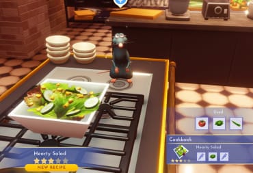 Screenshot of Remy's kitchen from the movie in game, while cooking a hearty salad recipe, Disney Dreamlight Valley Remy Guide