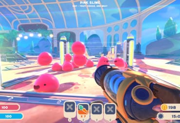 Slime Rancher 2 screenshot of the pink slimes inside of their corral, bouncing around happy as can be 