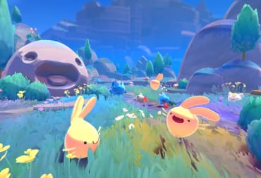 Two happy little slimes frolicking about in Slime Rancher 2