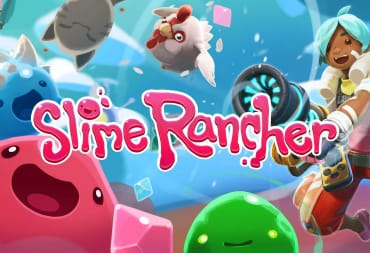 Slime Rancher artwork depicting several blobs of slime with happy cartoon-like faces on them, with a blue-haired, brown-skinner character to the right firing a vacuum gun. The words "Slime rancher" are written across the image in pink bubble writing