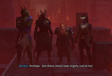 Four heroes and the caption "perhaps, but those chests look mighty real to me!" in the new Solasta: Crown of the Magister DLC