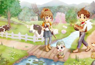 The male and female player characters looking over their child in a bucolic rural setting in the Story of Seasons: A Wonderful Life remake for Switch