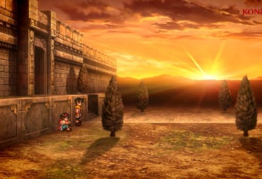 Riou and Nanami gazing out at the sunset from a castle wall in the Suikoden and Suikoden 2 remaster