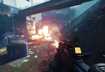The Cycle: Frontier Season 2 Update shows off the player with a gun and an explosion off in the distance.
