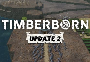 A beaver colony in Timberborn with a Timberborn Update 2 logo over the top