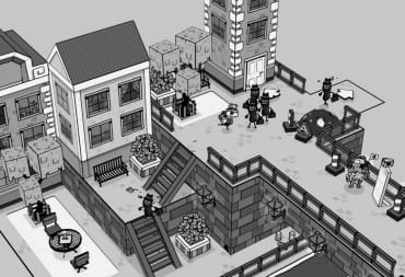 Toem Screenshot via Steam, where the black and white style characters are inside of a village, Toem New Island DLC
