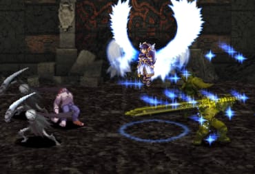Lenneth floating above the air in combat with enemies in Valkyrie Profile: Lenneth