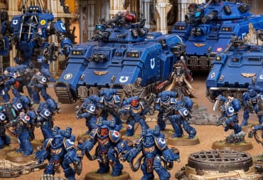 An image of an army of Space Marines and other Human miniatures from Warhammer 40,000