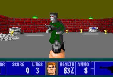 BJ Blazkowicz aiming his gun at an enemy in Wolfenstein 3D