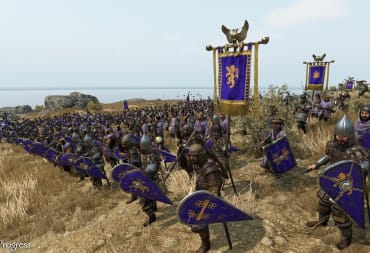 Mount & Blade II: Bannerlord Release screenshot showing off many banners and characters about to wage war.