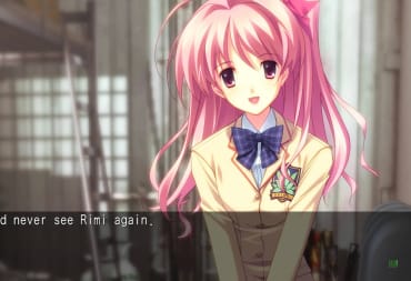 An anime girl character in the Chaos;Head Noah Steam release, with the dialogue "I'd never see Rimi again" beneath her